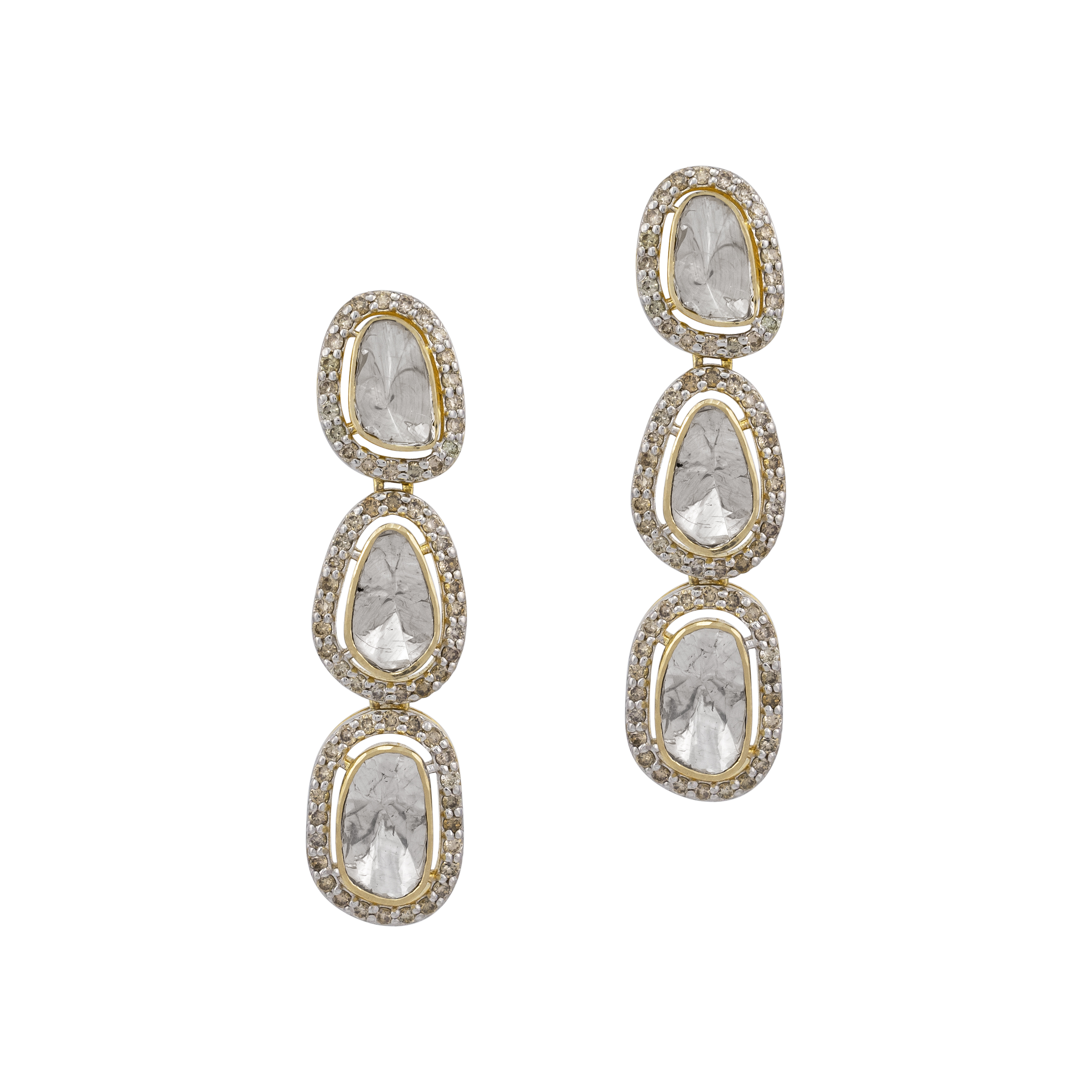 Tri-Tier Polki Earring with Full-Cut Diamond Halo Borders